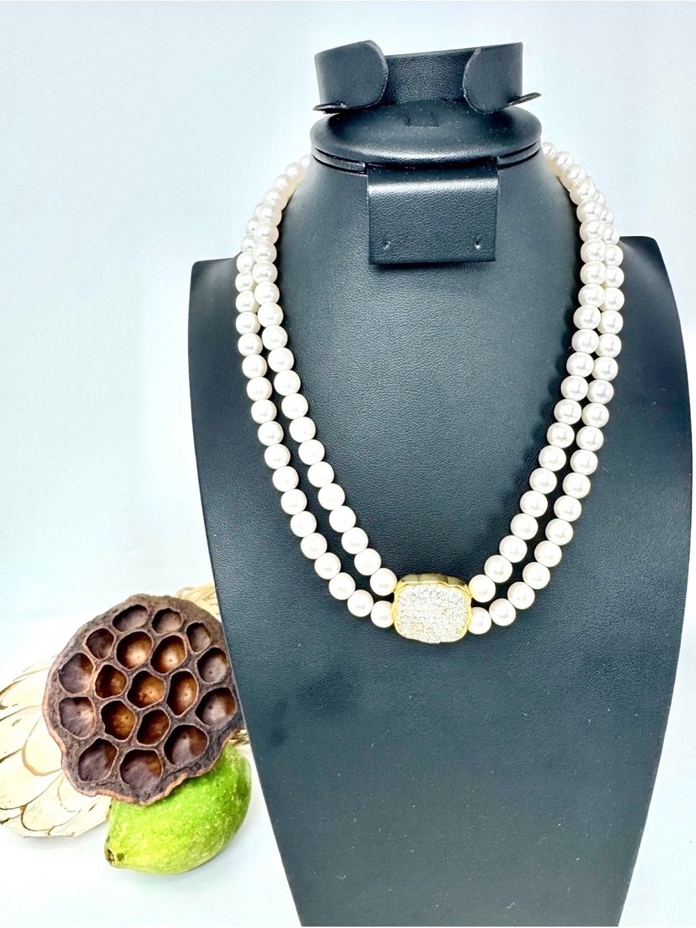 Napier Double Strand Faux Pearl & Pave Crystal Pendant Necklace
